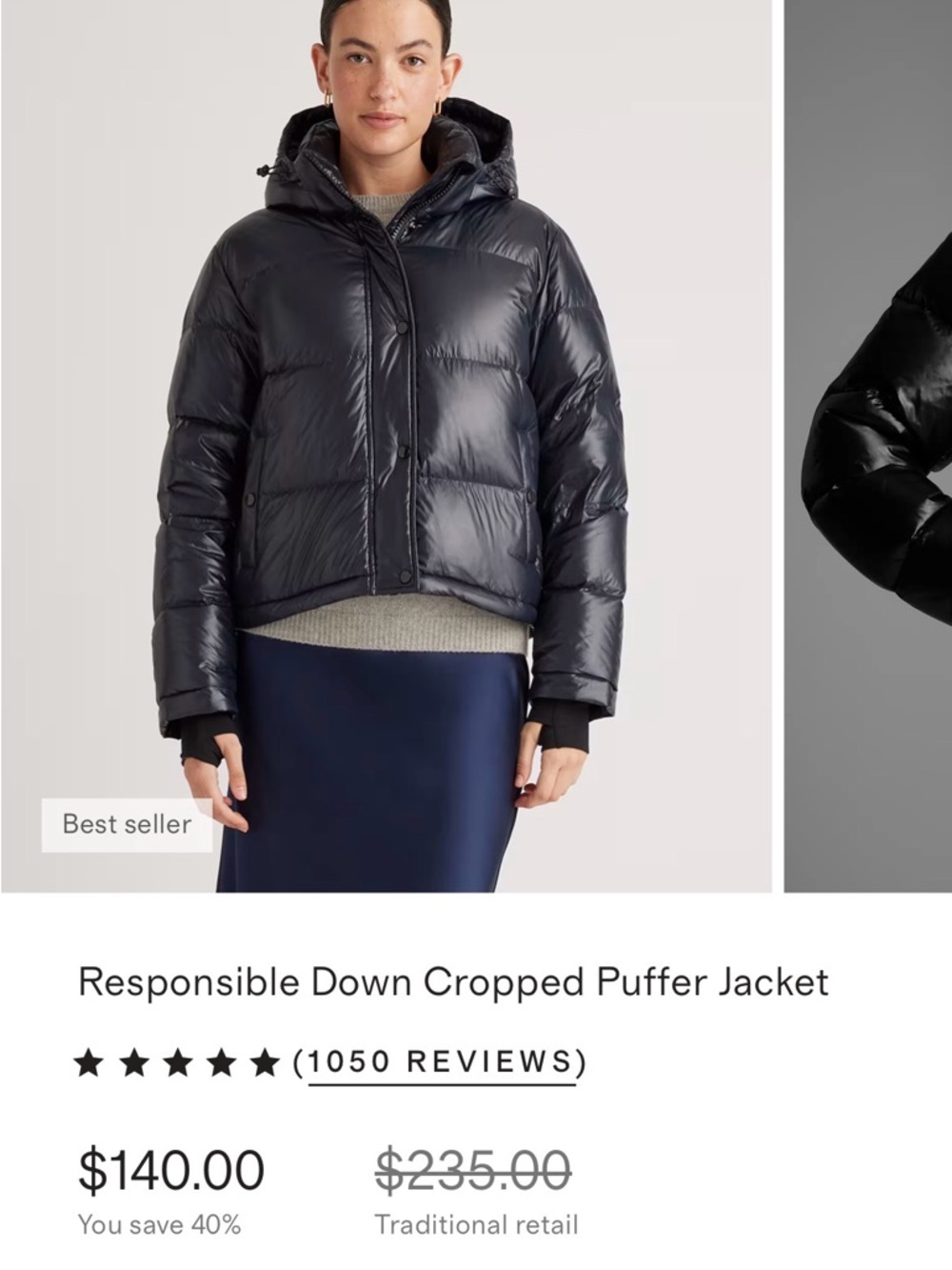 NEW Quince Responsible Down Cropped Puffer Jacket - Black, Size XS